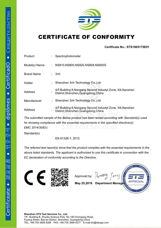 3nh spectrophotometer passed new EU directive CE certification 